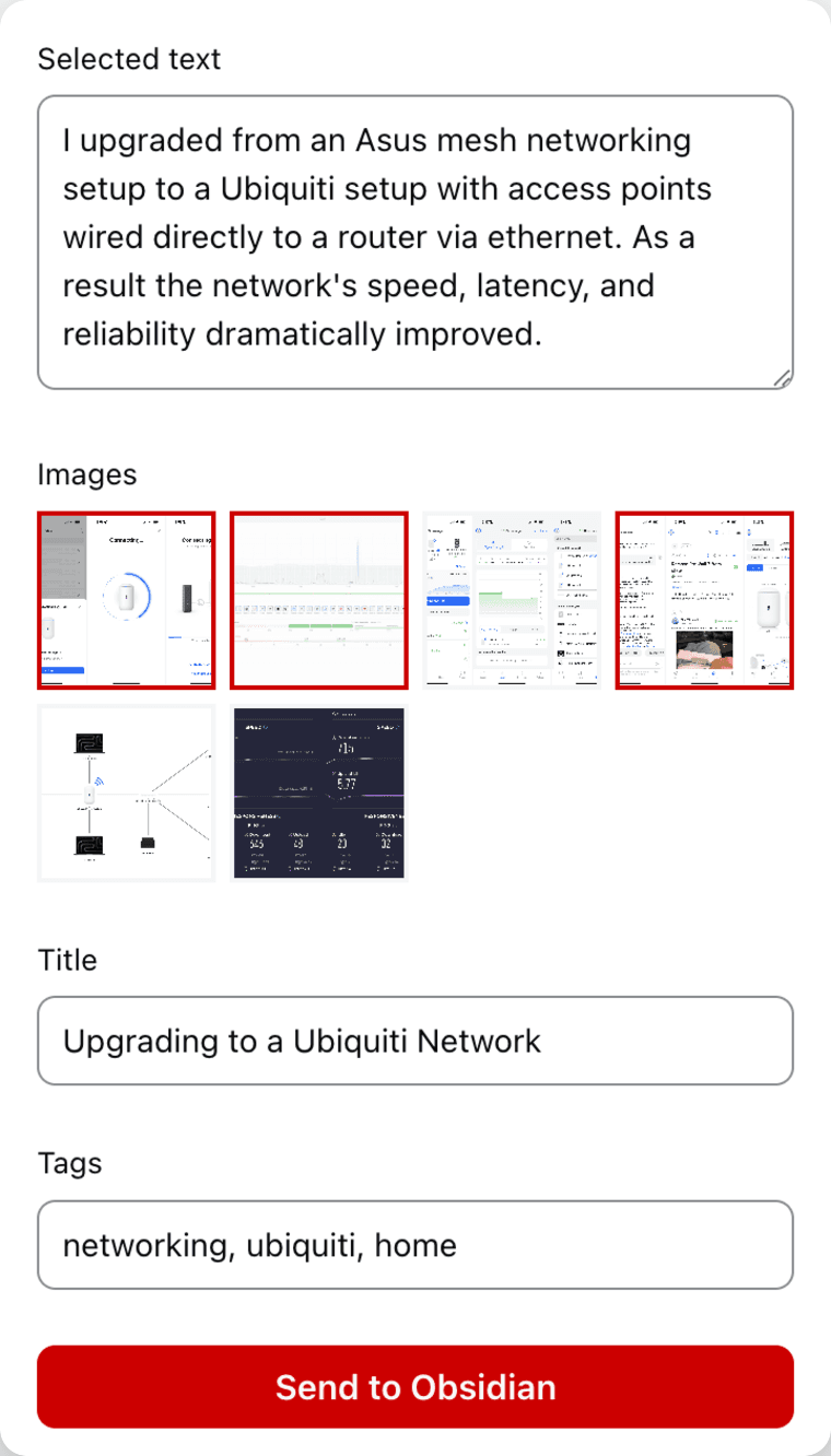 The Intake popup, prefilled with the page's text and images