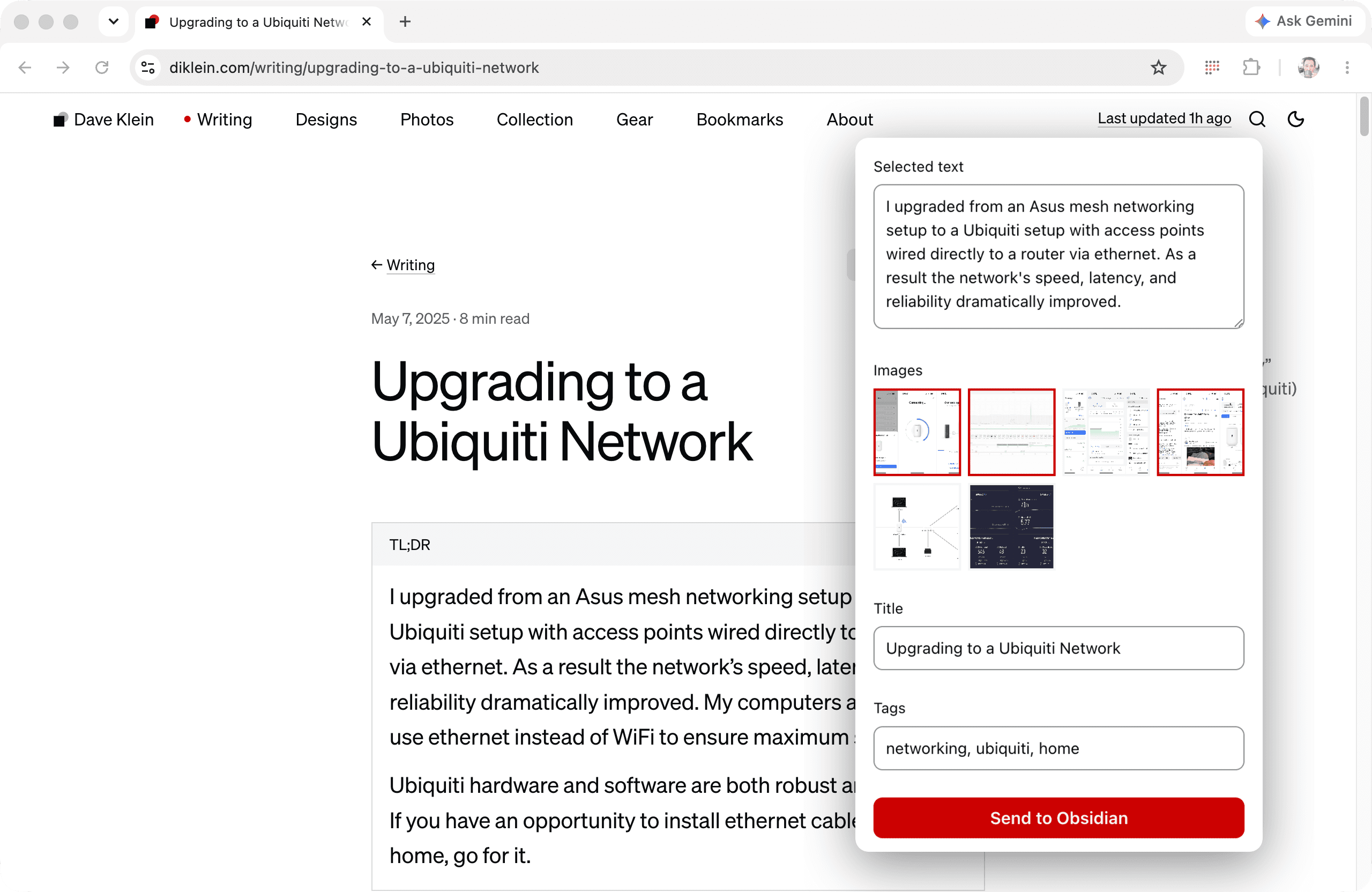 Intake open in the browser over an article: the popup shows selected text, chosen images, a title, and tags, ready to send to Obsidian