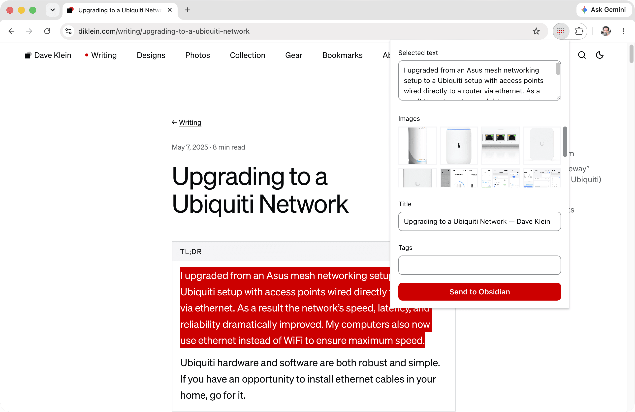 Intake open in the browser over an article: the popup shows selected text, chosen images, a title, and tags, ready to send to Obsidian