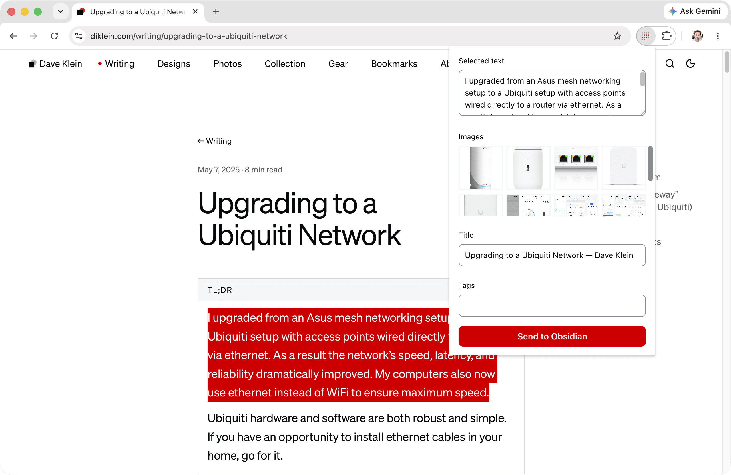 Intake open in the browser over an article: the popup shows selected text, chosen images, a title, and tags, ready to send to Obsidian