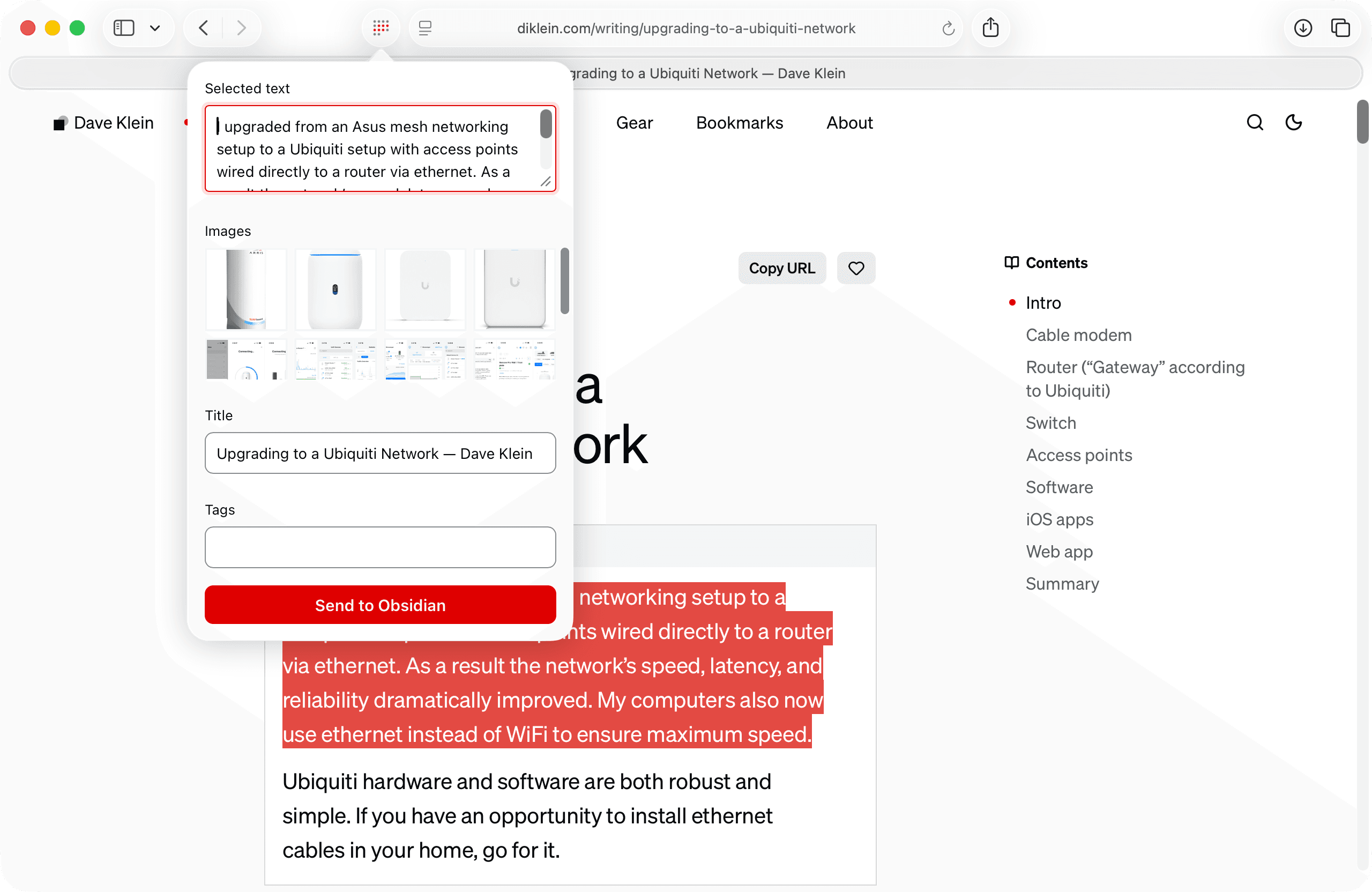 Intake open in the browser over an article: the popup shows selected text, chosen images, a title, and tags, ready to send to Obsidian