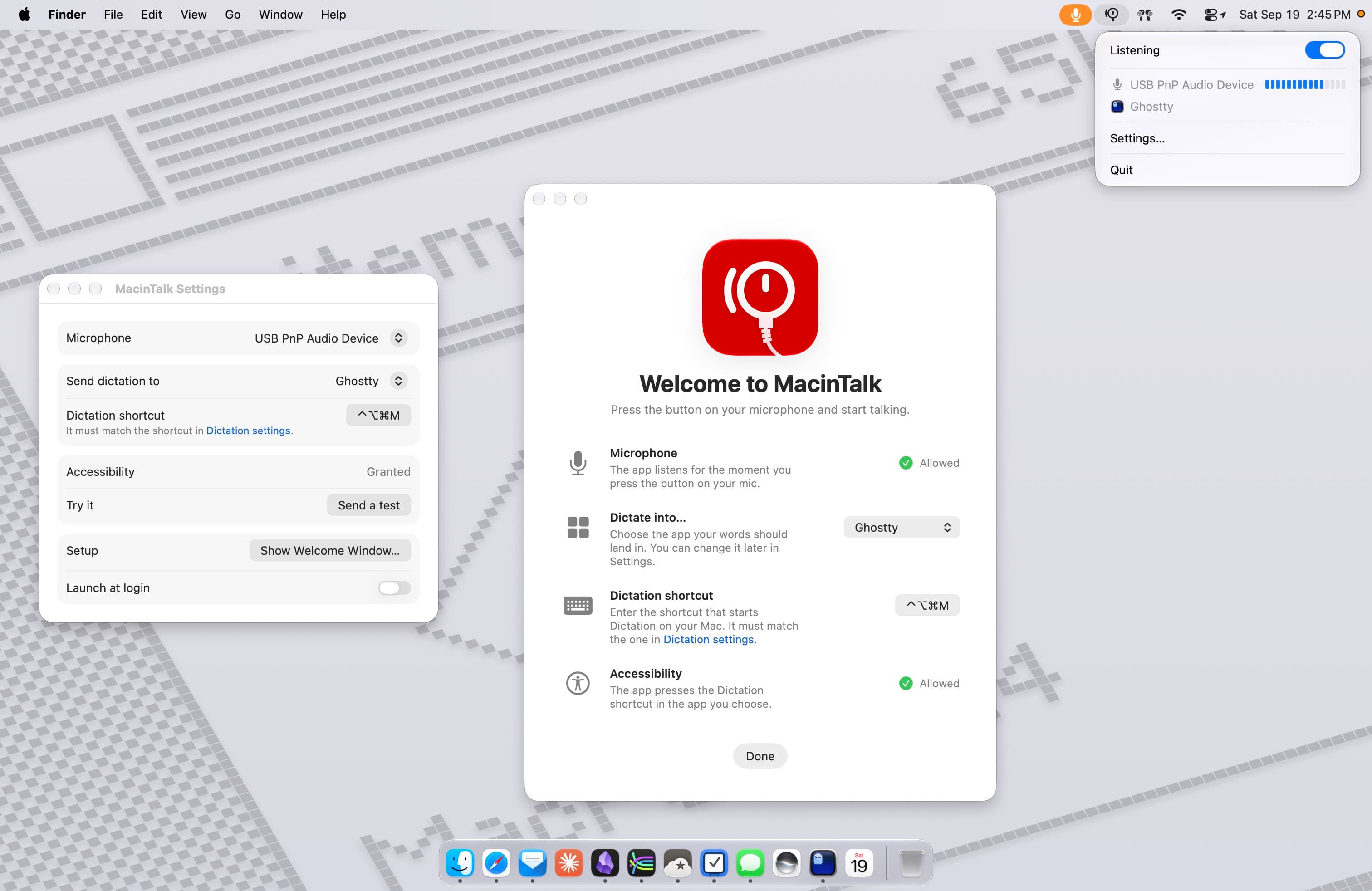 MacinTalk running on a Mac: the menu bar app listening, its Settings window, and the welcome screen