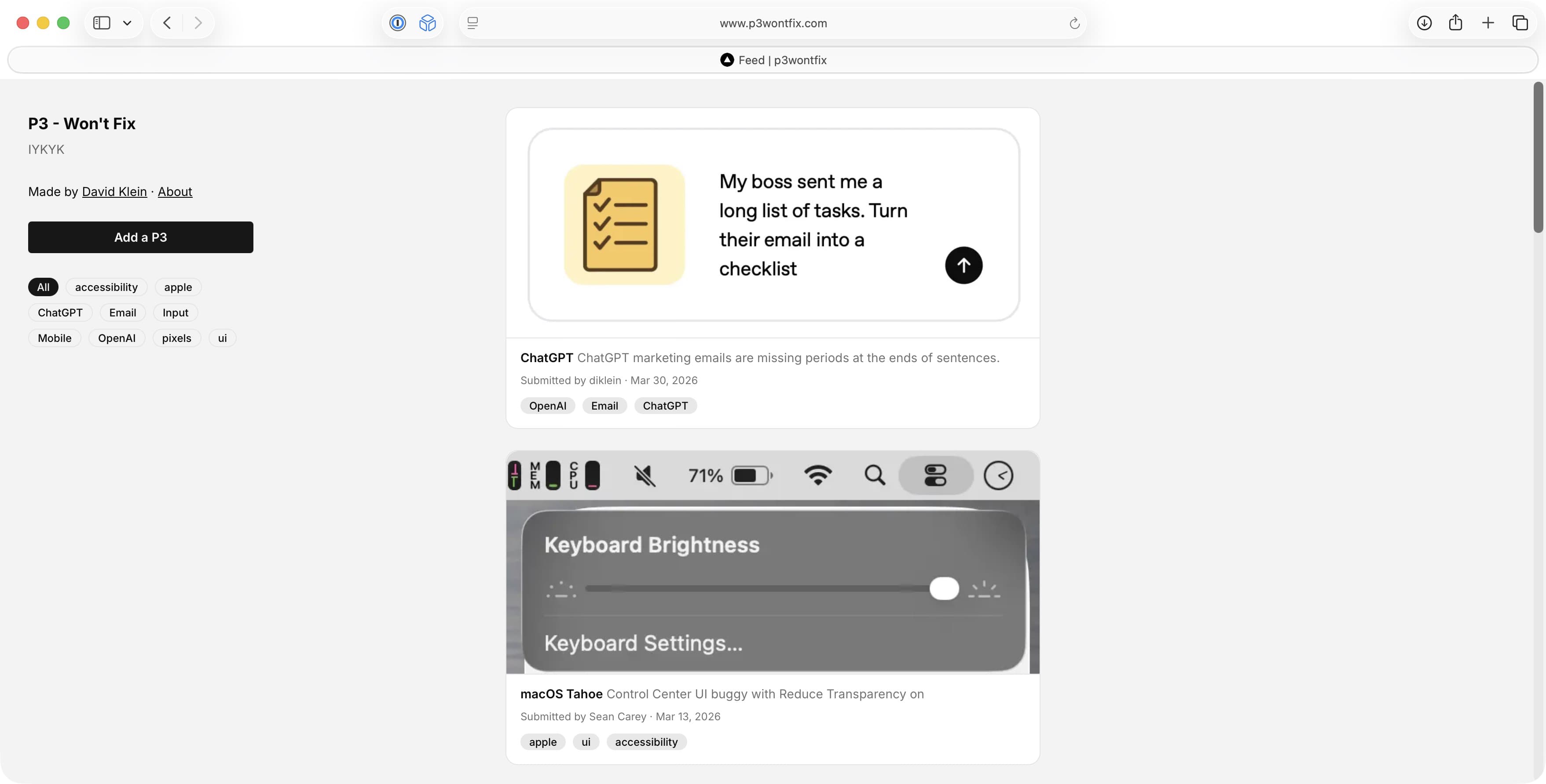 The P3 — Won't Fix home page: a gallery of bugs closed as won't fix